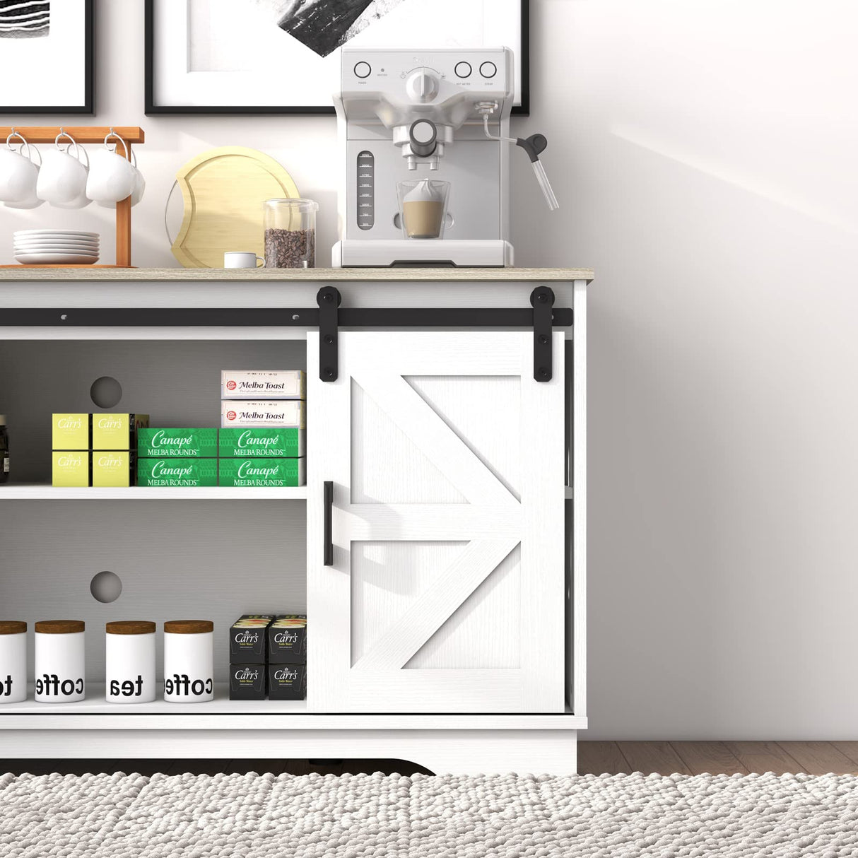 Panana Bar Cabinet with Barn 2 Sliding Doors Buffet Farmhouse Storage Cabinet TV Stand (White Body Natural Top) Panana