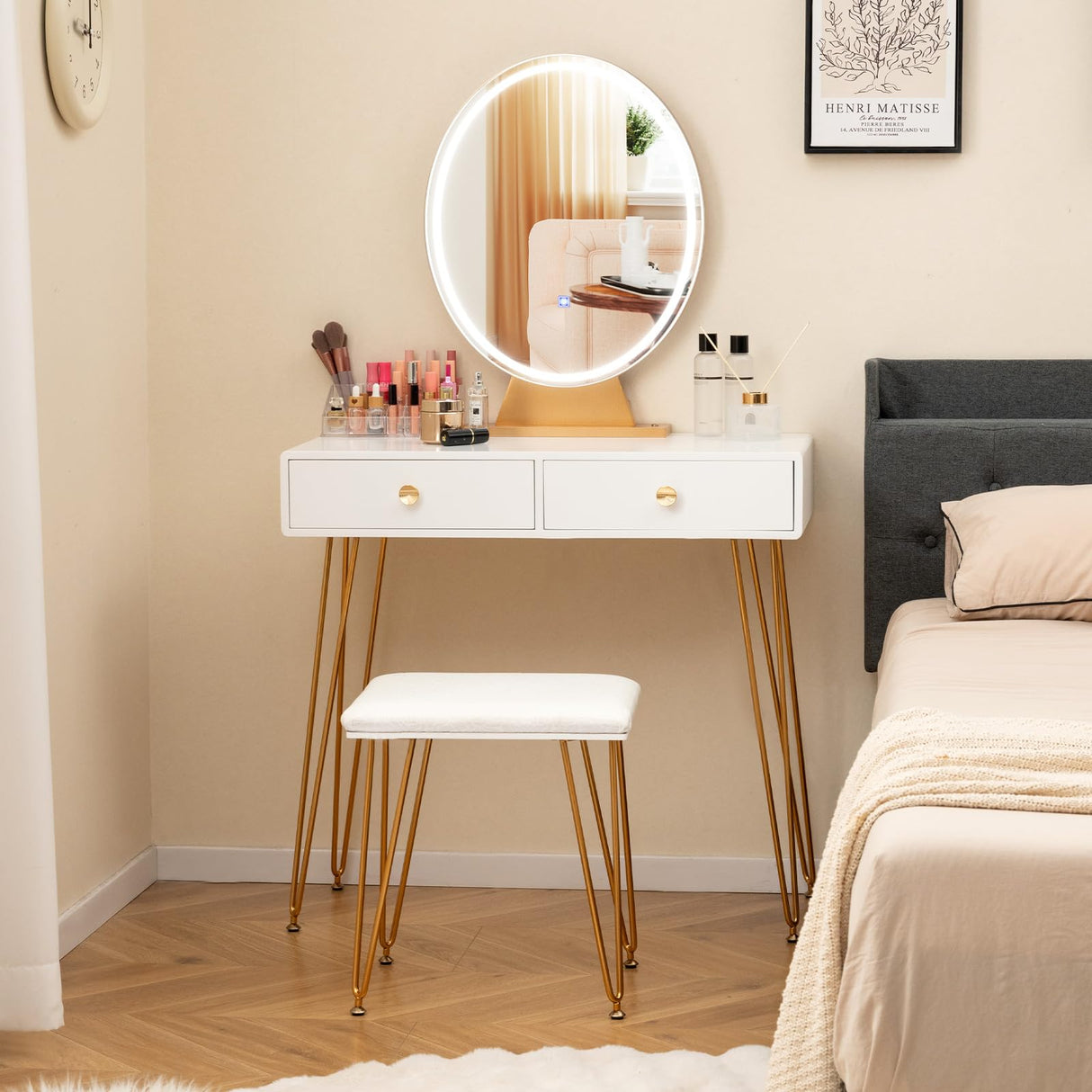 CHARMAID Makeup Vanity Table with Lighted Mirror, Vanity Desk with 2 Large Drawers, Adjustable 3 Lighting Modes, Modern Girls Bedroom Vanity Table with Chair for Small Spaces, White & Gold CHARMAID