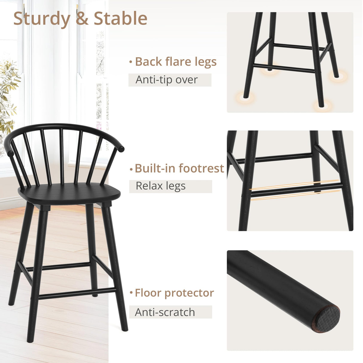 LUE BONA Bar Stools Set of 4, Black Farmhouse Barstools with Semicircular Backrest, Mid Century Modern Counter Height Bar Stools for Kitchen Island, 24 Inch LUE BONA