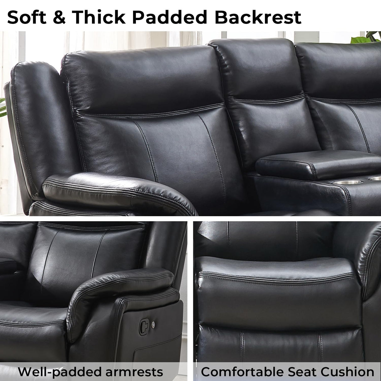 Manual Recliner Sofa Sectional Couches with LED Light for Living Room, Leather Reclining Corner Sectionals Sofa Couch Sets with 2 Theater Recliner Seat, USB, Cup Holder, Storage Console for Home,Black Comfort Stretch