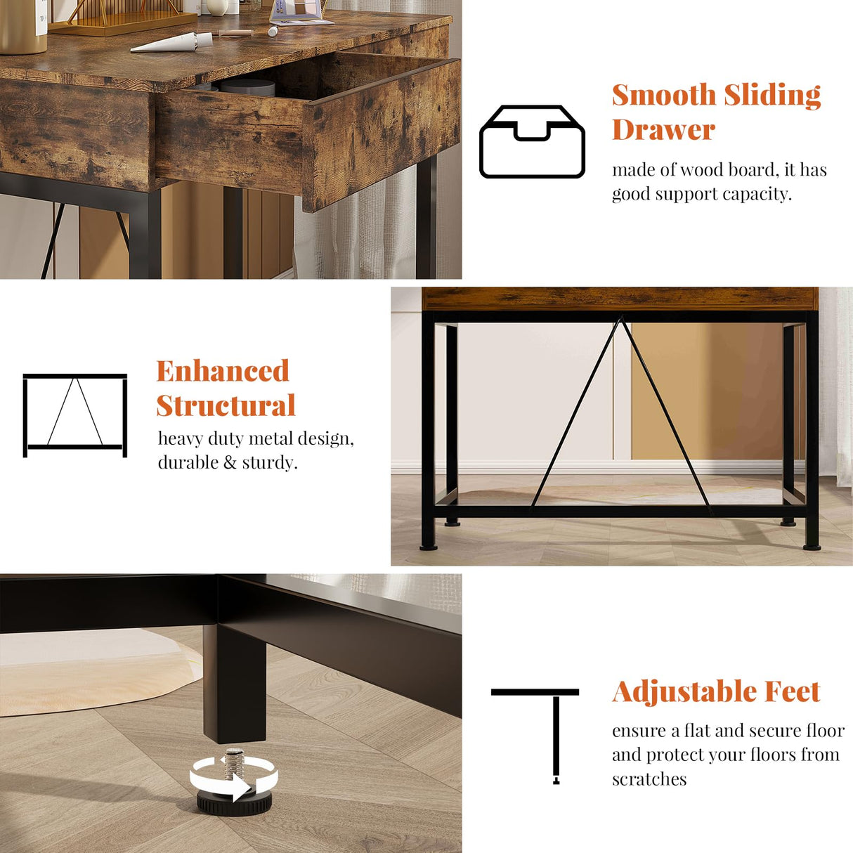 VERMESS 40Inch Solid Wood Desk with Drawers,Home Office Desk for Small Space,Modern Makeup Vanity Desk,Writing/Study/Work Table, Kids Desk for Bedroom (Wood, Rustic Brown) VERMESS