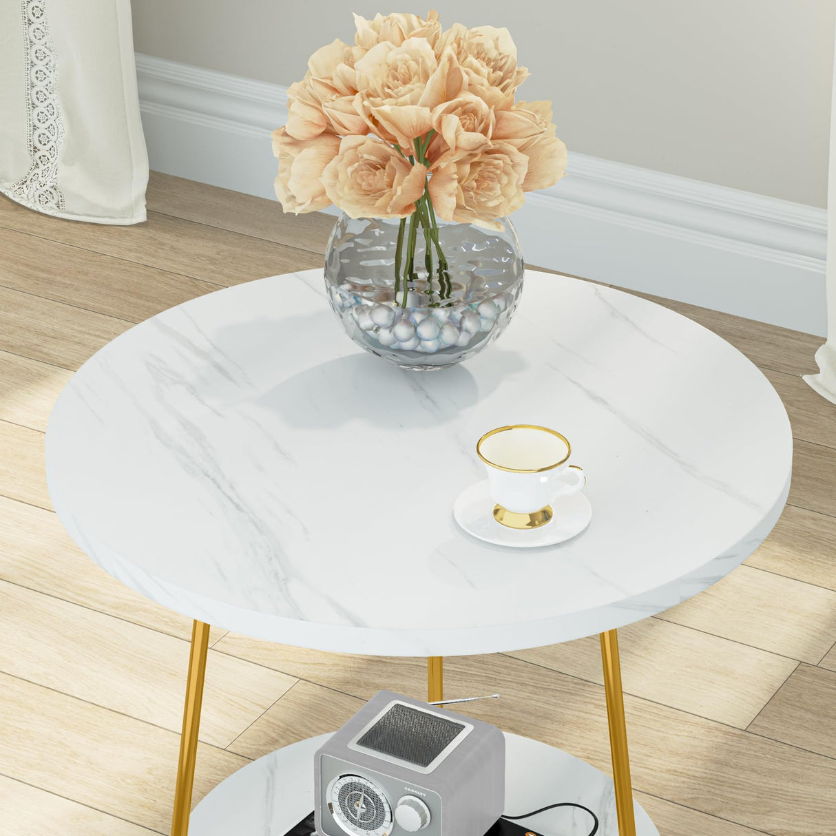 Tribesigns Faux Marble End Table, 2 Tier Round Side Table with Shelves, Modern Gold Nightstand Bedside Table Small Coffee Accent Table for Living Room Bedroom, White and Gold Tribesigns