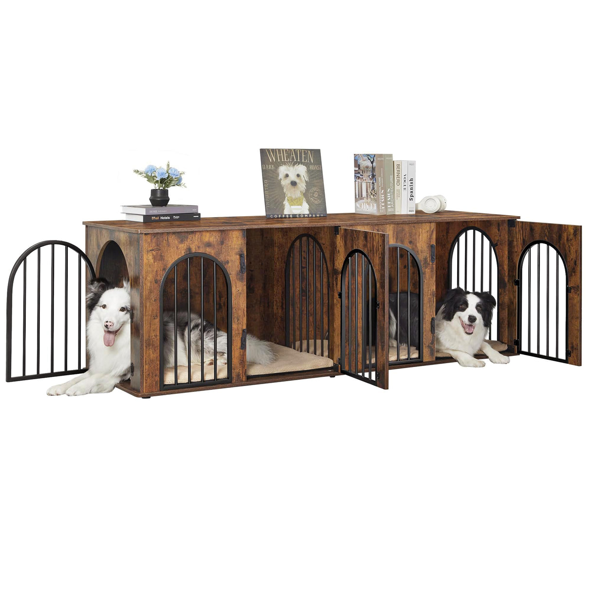 Hzuaneri 71" Dog Crate Furniture for 2 Dogs, Heavy Duty Indoor Dog Kennel TV Stand, XXL Wooden Dog Cage with Divider for Medium Large Dogs, End Table Dog Crate with Cushion, Rustic Brown DFC81901B Hzuaneri