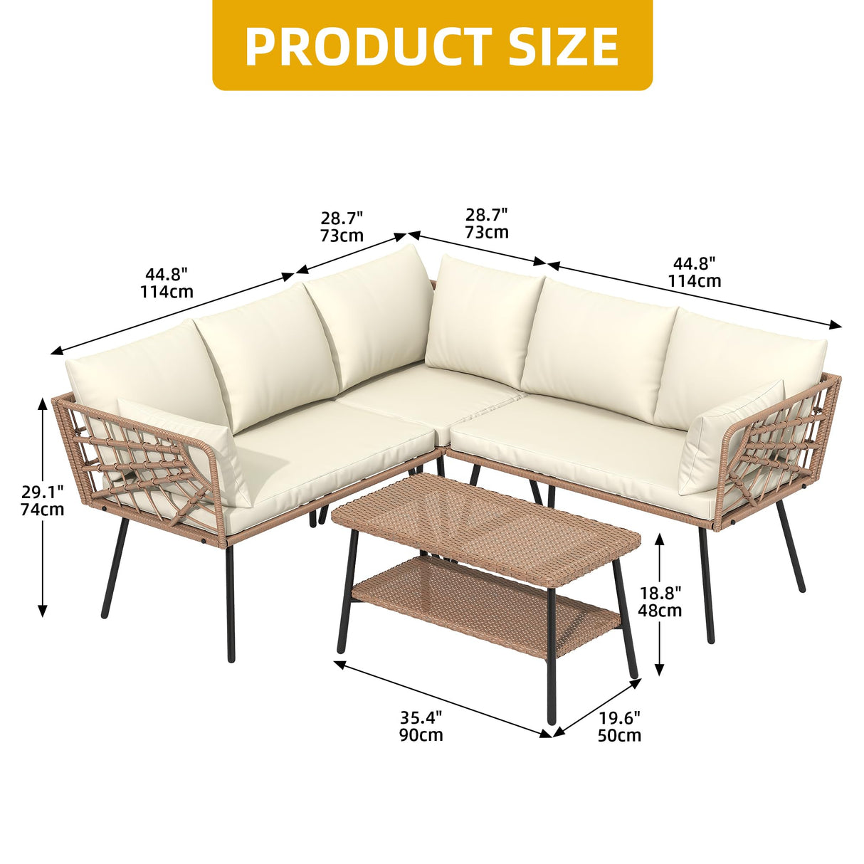 DWVO Outdoor Sectional Sofa Set 4 Piece 5-Seater Rattan Patio Furniture Set with 2-Tier Coffee Table&Cushions L Shape Outdoor Couch Boho Conversation Set for Garden Porch Backyard Relaxation DWVO