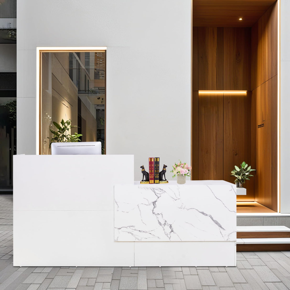 LayBurst Reception Desk,Modern Checkout Counter with Lockable Drawer,Keyboard Tray and Shelves,White Receptionist Desk for Corporate and Hotel Lobbies(23.6”D x 86.6”W x 43.3”H) LayBurst