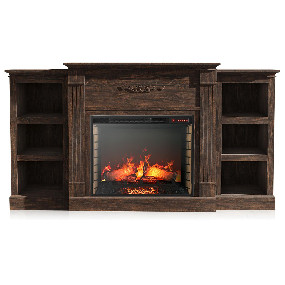 BELLEZE Modern 70" Electric Fireplace Heater Mantel TV Stand & Media Entertainment Center for TVs up to 68" with Energy-Efficient Heater With Sound and Side Book Shelves - Lenore (Brown) BELLEZE