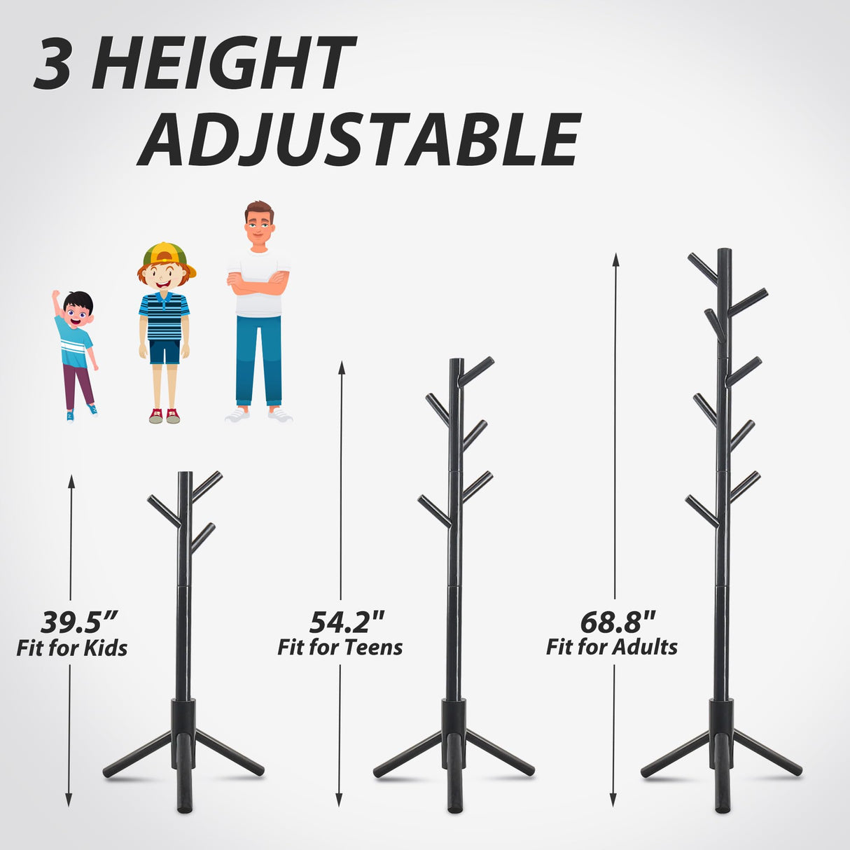 Unisakey Durable Wooden Coat Rack Stand(New Black), Freestanding Coat Rack with Stable Triangular Base, 8 Hooks & 3 Adjustable Heights, Simple Assembly for Bedroom, Hallway, Office Unisakey