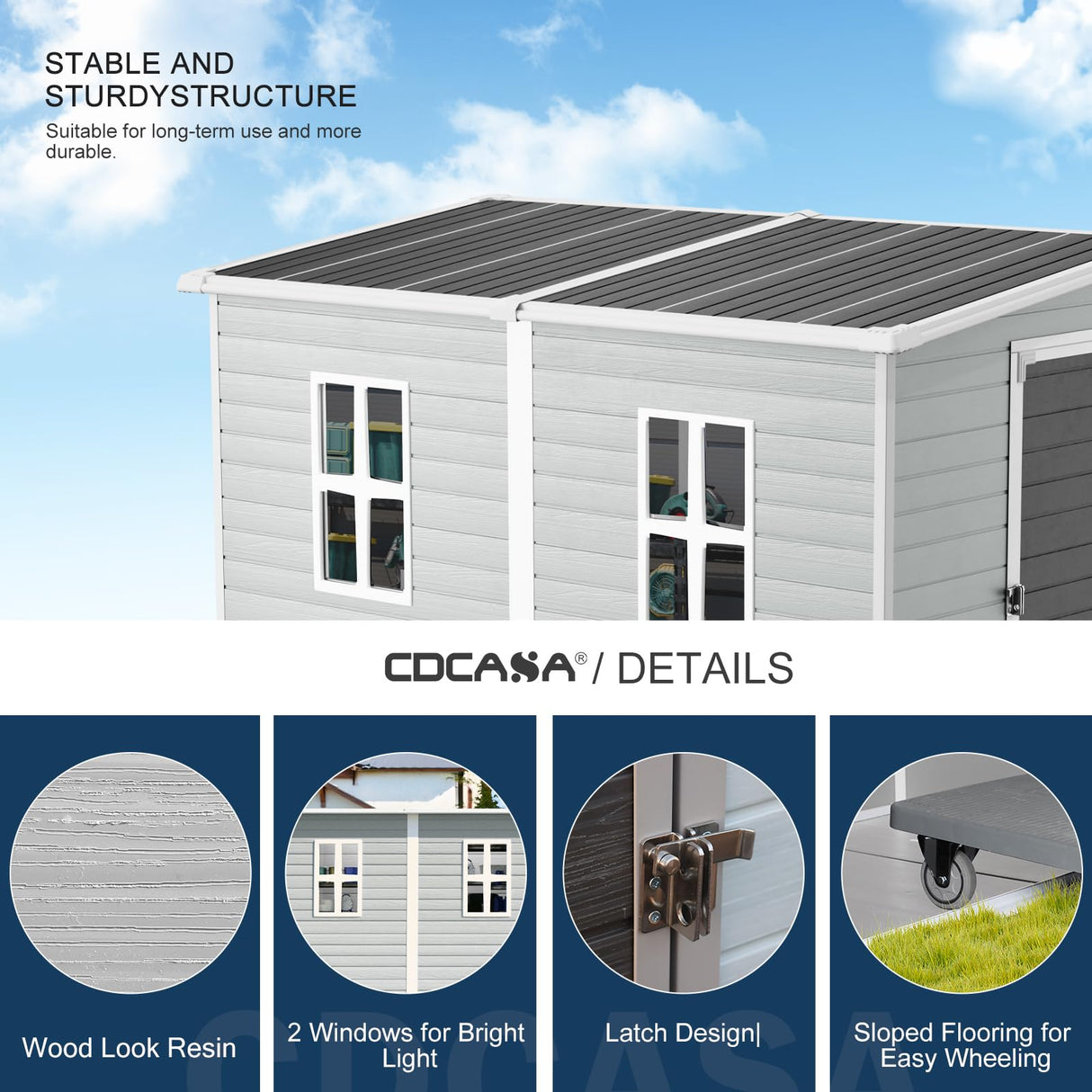 CDCASA 4x8 FT Resin Lean to Shed, Waterproof Outdoor Storage Sheds with Floor & Lockable Door & 2 Windows, Vent, Plastic Tool Shed for Outside, Backyard, Patio, Poolside, Gray CDCASA