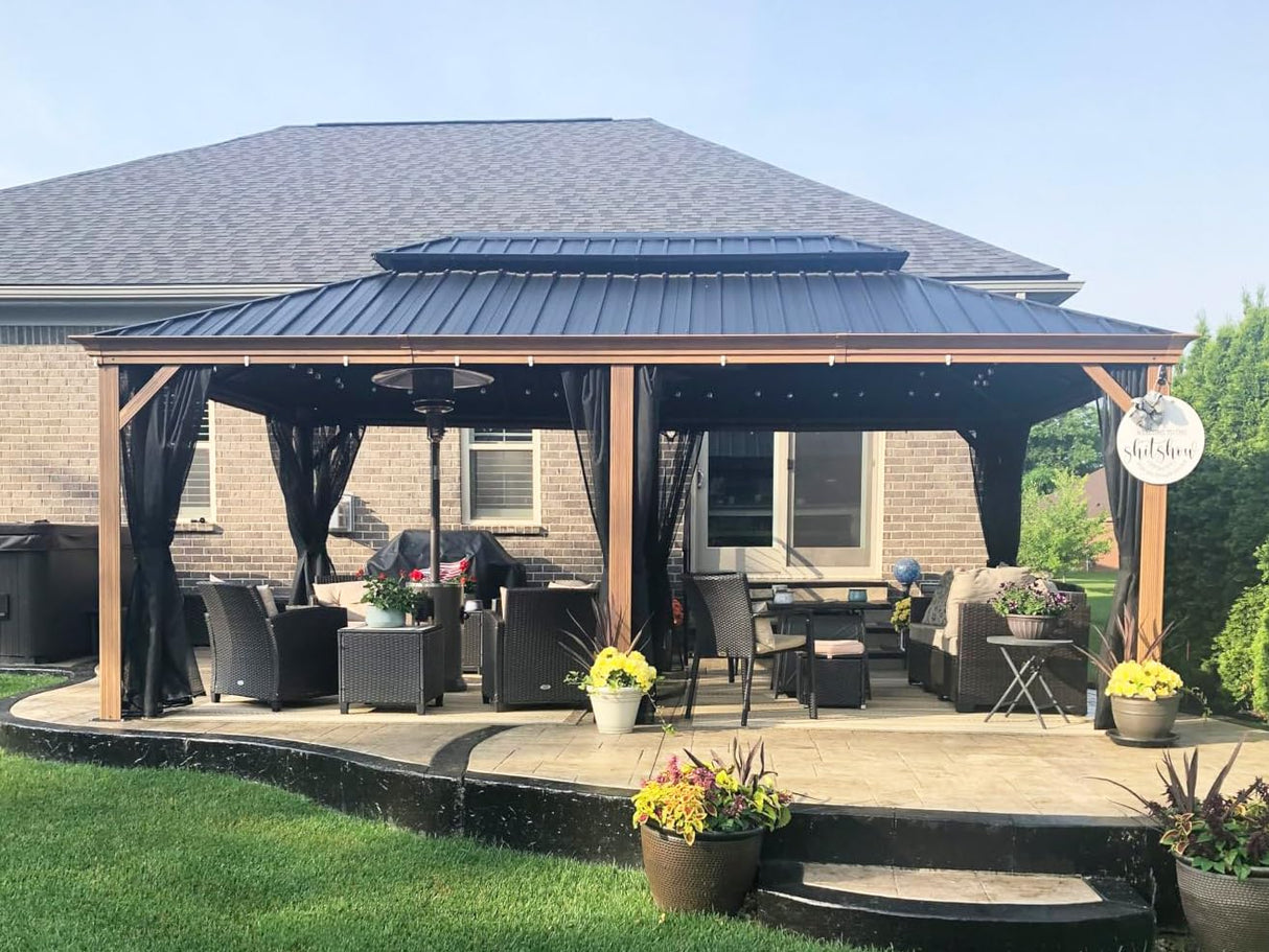 PURPLE LEAF 12' X 18' Outdoor Hardtop Gazebo for Patio Galvanized Steel Double Roof Permanent Canopy Teak Finish Coated Aluminum Frame Pavilion Gazebo with Netting PURPLE LEAF