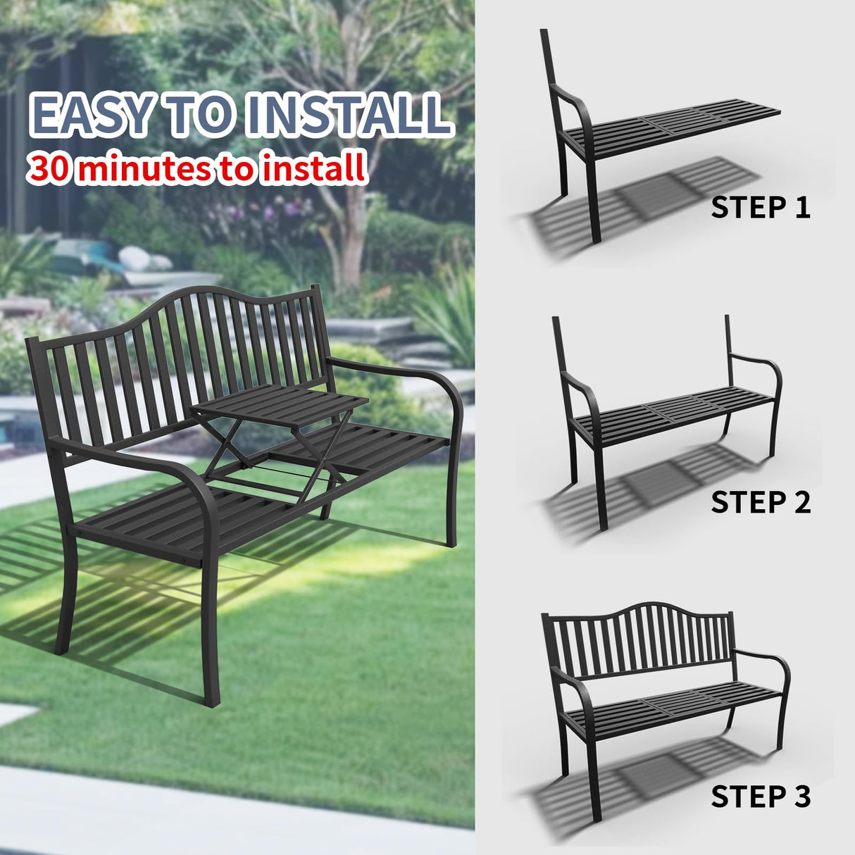 SHGJ&SOFT Outdoor Bench, Garden Bench, Cast Iron Metal Frame Patio Park Bench with a Small Table, for Porch, Lawn, Garden, Yard (D2644BK-1) SHGJ&SOFT