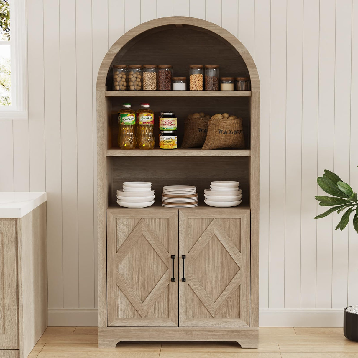 71" Tall Arched Bookcase with Storage, 5 Tier Mid-Century Modern Arched Cabinet with Doors, Farmhouse Wood Kitchen Pantry Cabinet with Open Adjustable Shelves, Bookshelf for Living Dining Room Sunny Heart