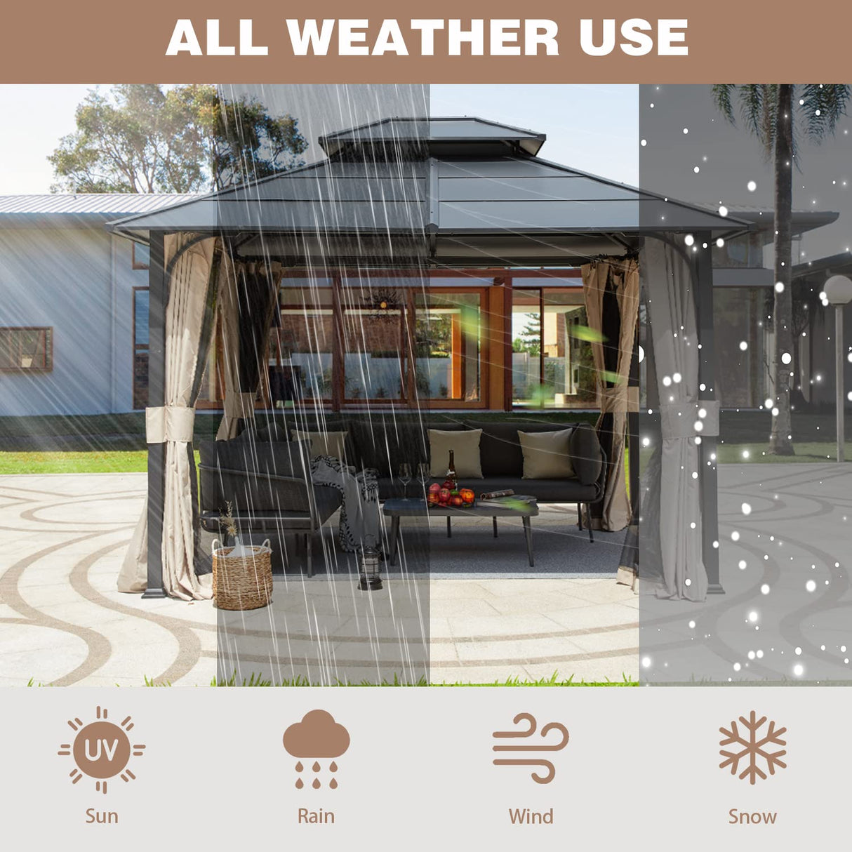 EROMMY 10' x 12' Metal Steel Gazebo, Outdoor Aluminum Hardtop Canopy with Netting and Shaded Curtains, Double Roof Pergolas, Permanent Metal Pavilion for Patio, Backyard, Deck, Lawn, Poolside EROMMY