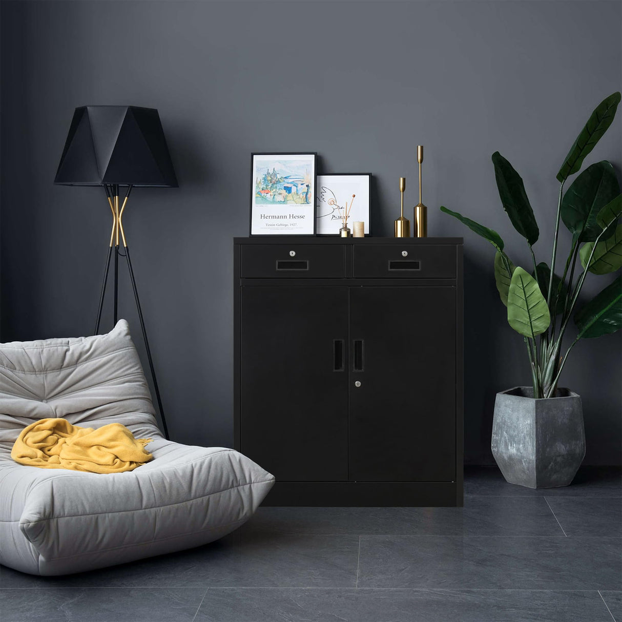 YEEZER Metal Storage Cabinet with 2 Drawers. Lockable Steel Storage Cabinet with Doors and Shelve, 37”H Office Cabinet for Home, Garage, Warehouse with Large Storage Space. (Black) YEEZER