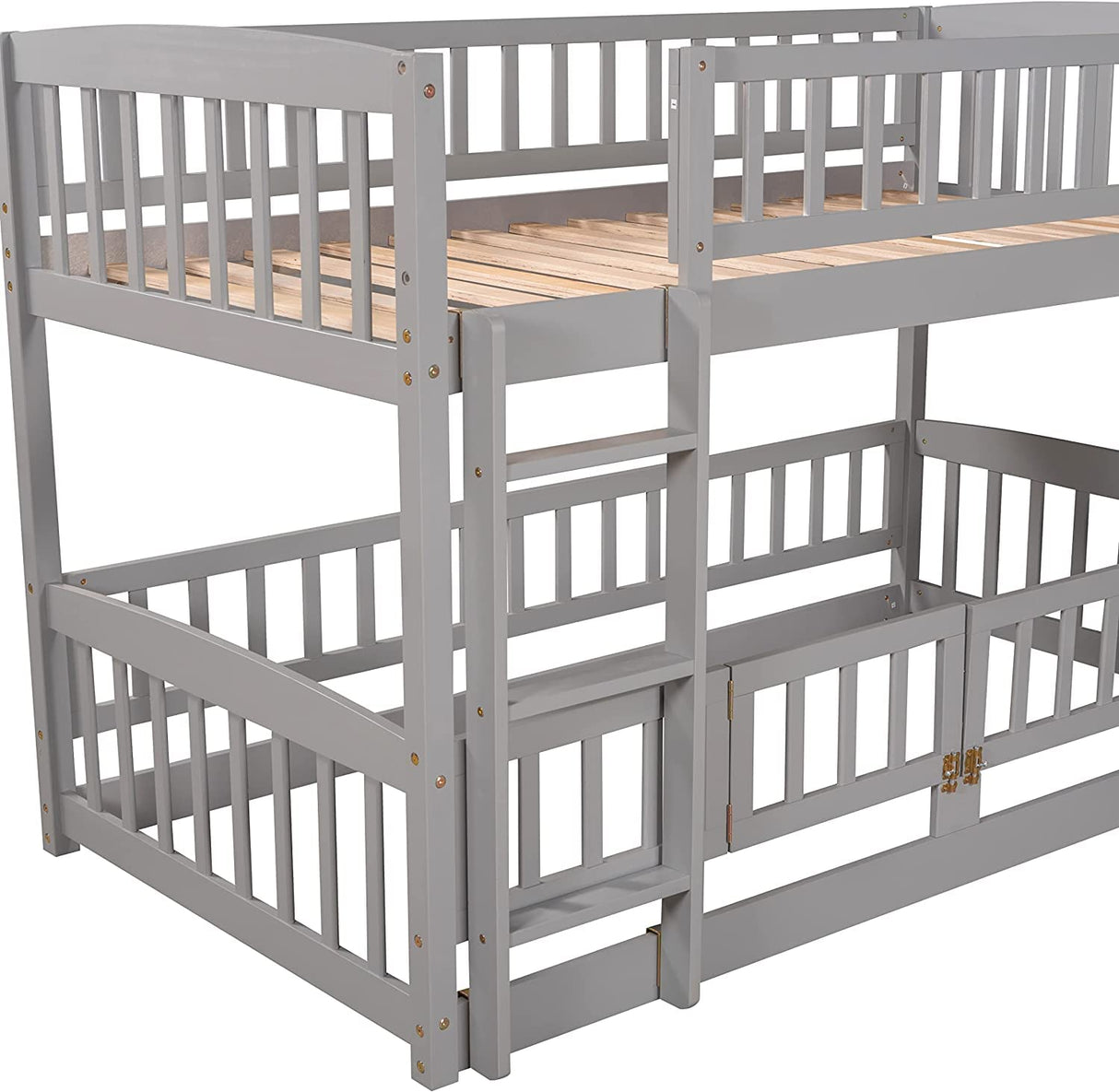 Harper & Bright Designs Low Bunk Beds Twin Over Twin, Kids Bunk Bed with Slide, Fence and Ladder, Wood Twin Bunk Beds for Girls Boys, Grey Harper & Bright Designs
