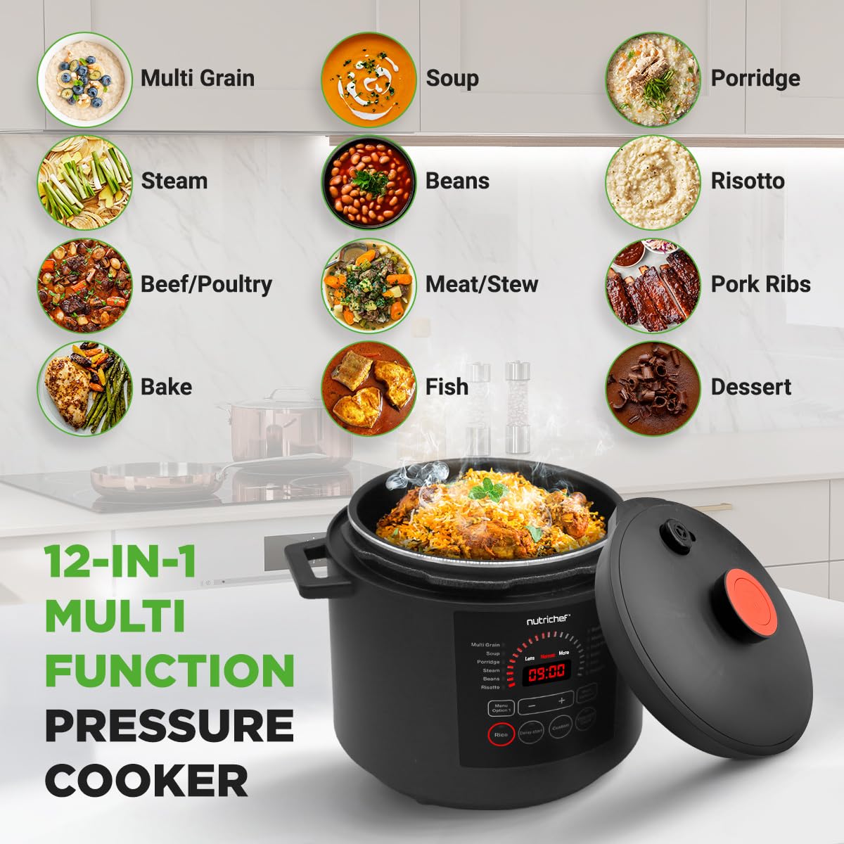 NutriChef Electric Pressure Cooker 6 Quart Capacity | 9 Function Digital Countertop Pressure Cooker | Adjustable Time & Temperature | Cook, Bake, Steam, & Braise | 13.1 x 11.4 IN | Black NutriChef