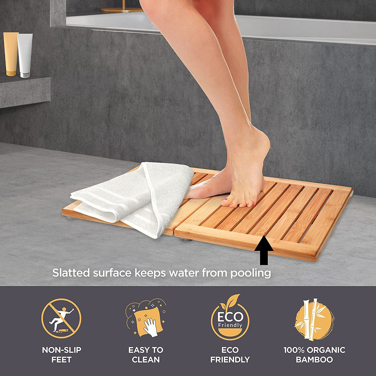 Bambüsi Premium Bamboo Bath Mat - Foldable Wood Shower Mat for Easy Storage, Non-Slip Bathroom Mat, Versatile for Indoor and Outdoor Use, Ideal Floor Mat for Spa, Sauna, Pool, 24" x 18" Bambüsi