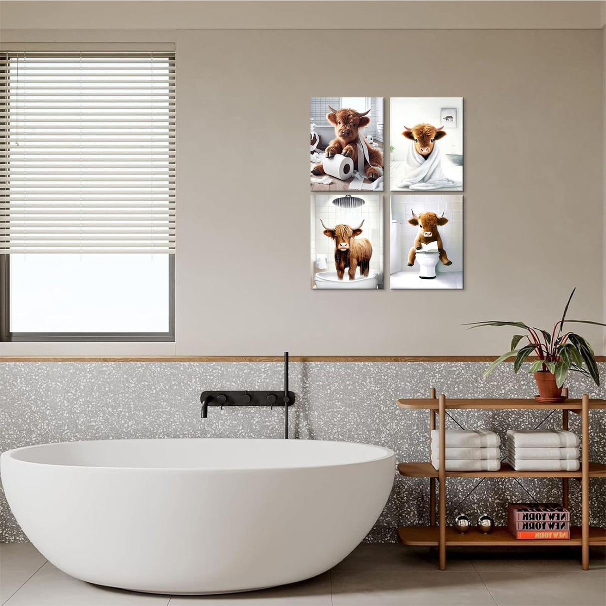 Framed Bathroom Decor Wall Art,Funny Highland Cow in Bathroom,Rustic Farmhouse Bathroom Wall Art,Funny Bathroom Wall Decor Signs,Cute Animal Art Prints for Bathroom(Framed,8x10inx4pcs) TWNSLLA