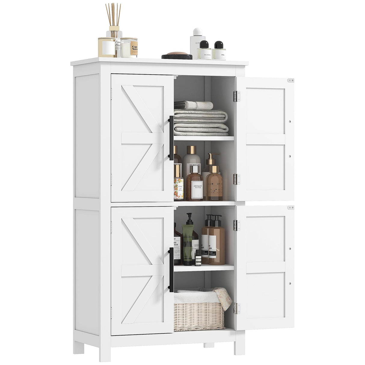 HOMCOM Farmhouse Bathroom Storage Cabinet with 4 Barn Doors, Bathroom Floor Cabinet with 2 Adjustable Shelf, Freestanding Storage Cupboard, White HOMCOM