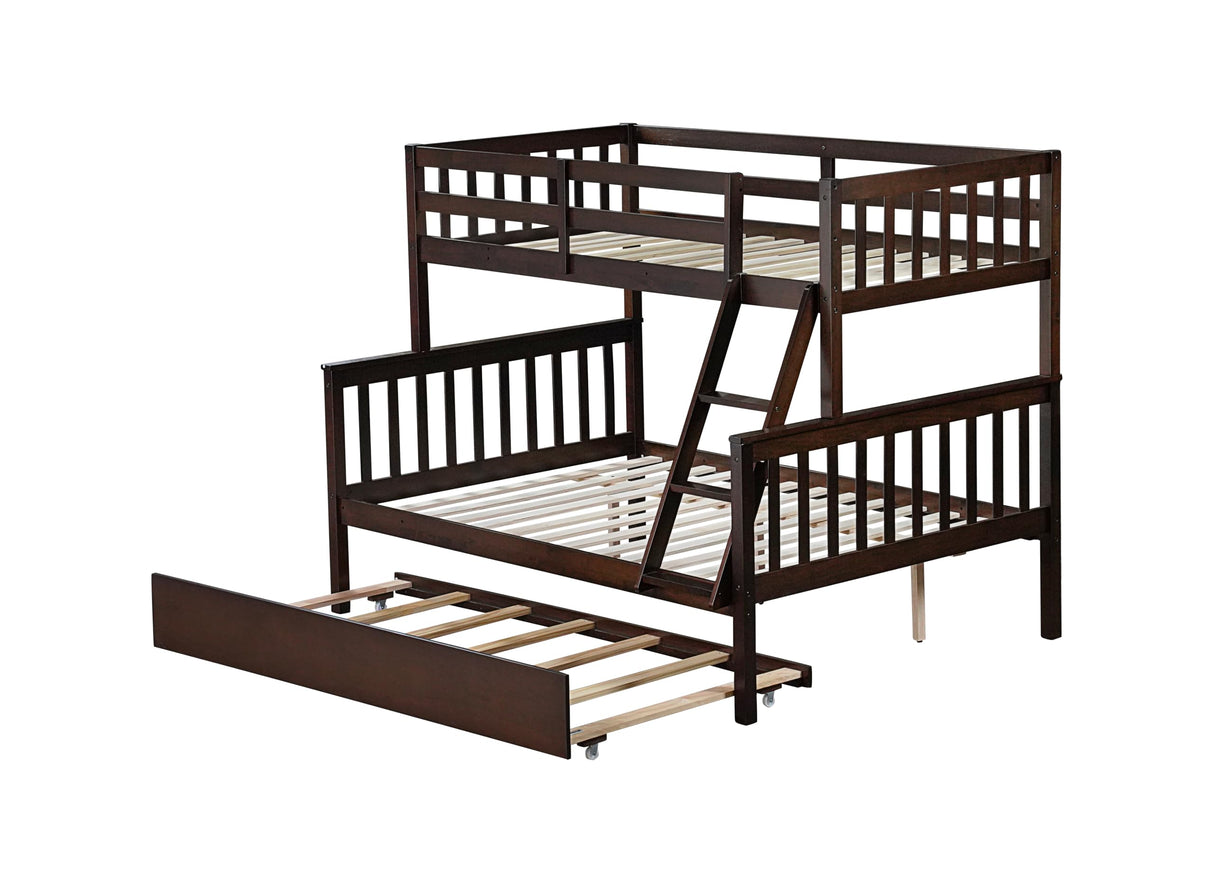 PVWIIK Twin Over Full Bunk Bed with Trundle & Ladder & Safety Guardrail,Solid Wood Bunk Bed for Kids Adults Teens Bedroom,Convertible to 2 Separated Bed,No Box Spring Needed,Easy Assembly, Espresso PVWIIK