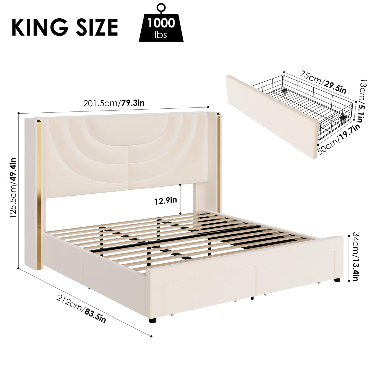 HITHOS King Velvet LED Bed Frame with Wingback Headboard & 2 Storage Drawers in Beige HITHOS