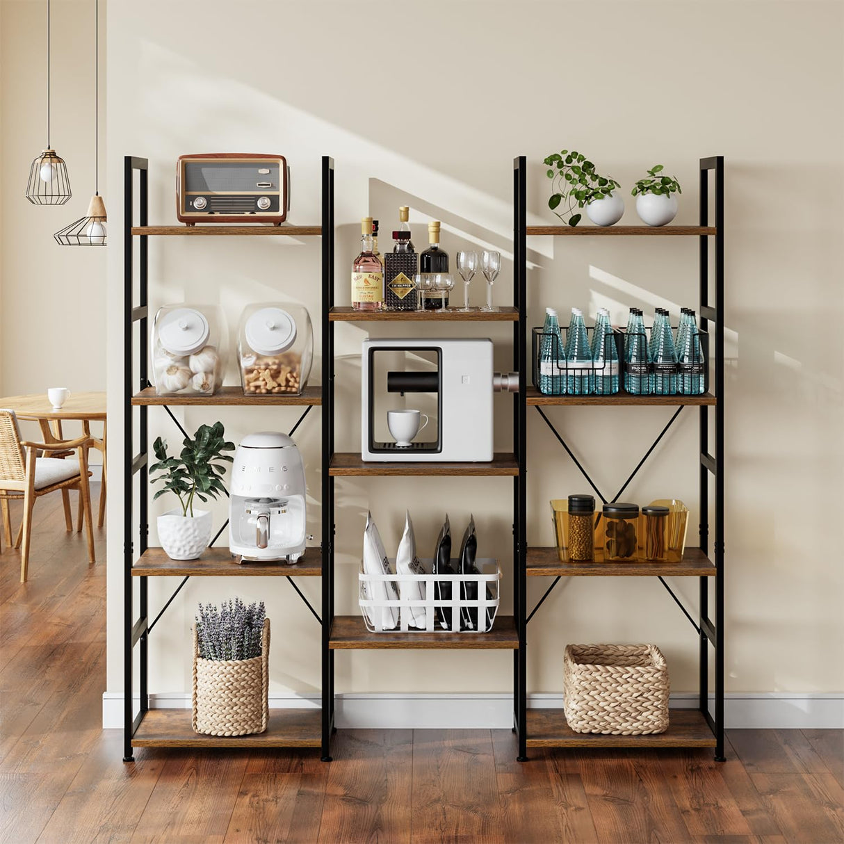 NUMENN Triple Column 4 Tier Bookshelf, Bookcase with 11 Open Display Shelves, Adjustable Rustic Industrial Style Book Shelves, Modern Bookshelves for Bedroom, Living Room and Home Office, Vintage NUMENN