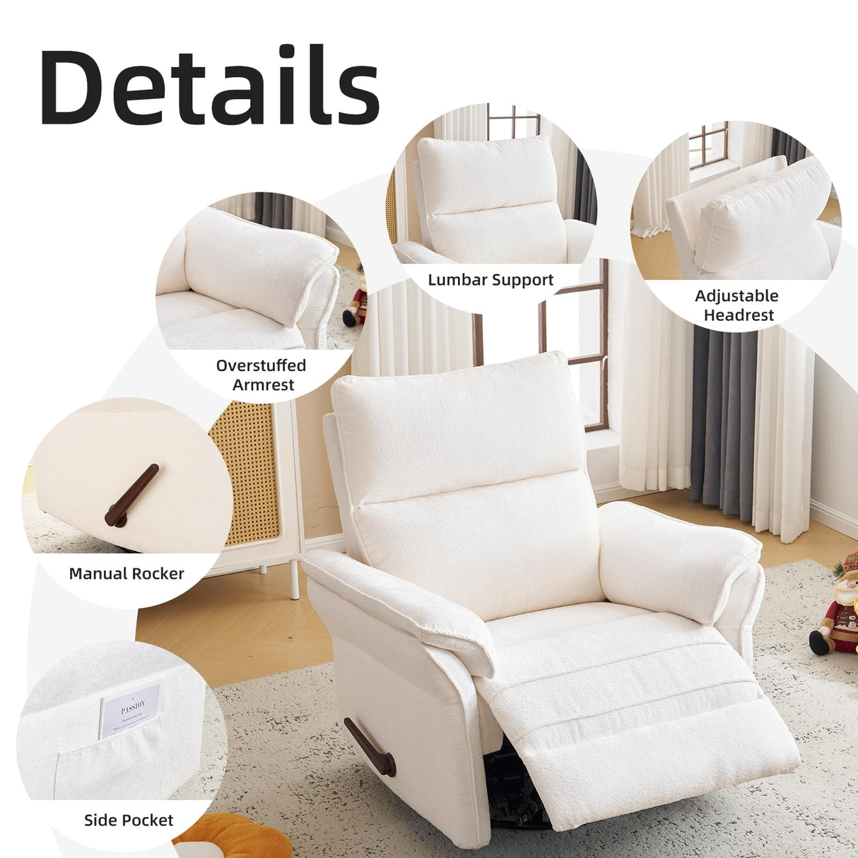 Rhevoy Oversized Recliner Chair, 26" Extra Wide 360° Swivel Rocker Recliner with Adjustable Headrest, Chenille Glider Rocking Nursery Chair with Overstuffed Armrest, Lumbar Support, White Rhevoy