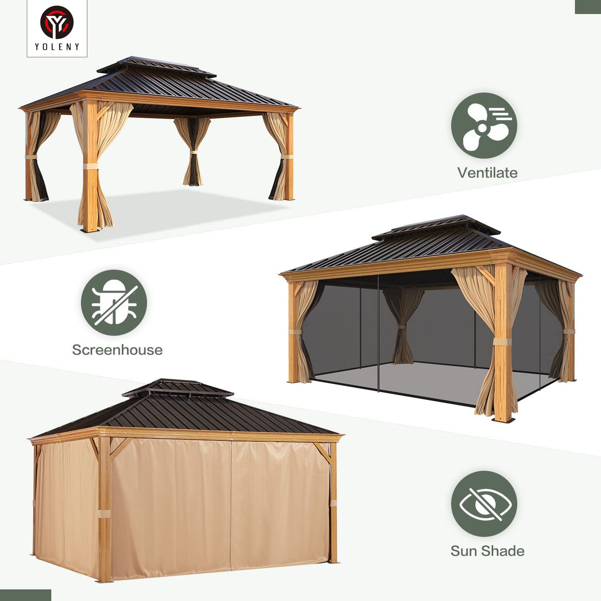 YOLENY 12' x 16' Gazebo, Hardtop Wood-Looking Gazebo with Galvanized Steel Double Roof, Aluminum Frame with Netting and Curtains for Deck, Backyard, Patio, Lawns YOLENY