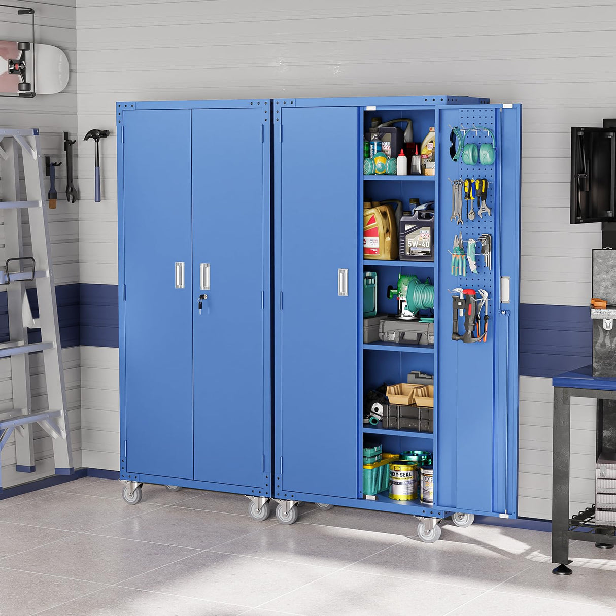VINGLI 72'' Tall Metal Garage Storage Cabinet with Pegboards, Wheels, Locking Doors and Adjustable Shelves, File Cabinet/Tool Cabinet for Home Office/School (Blue, 32W x 16D x 72H) VINGLI