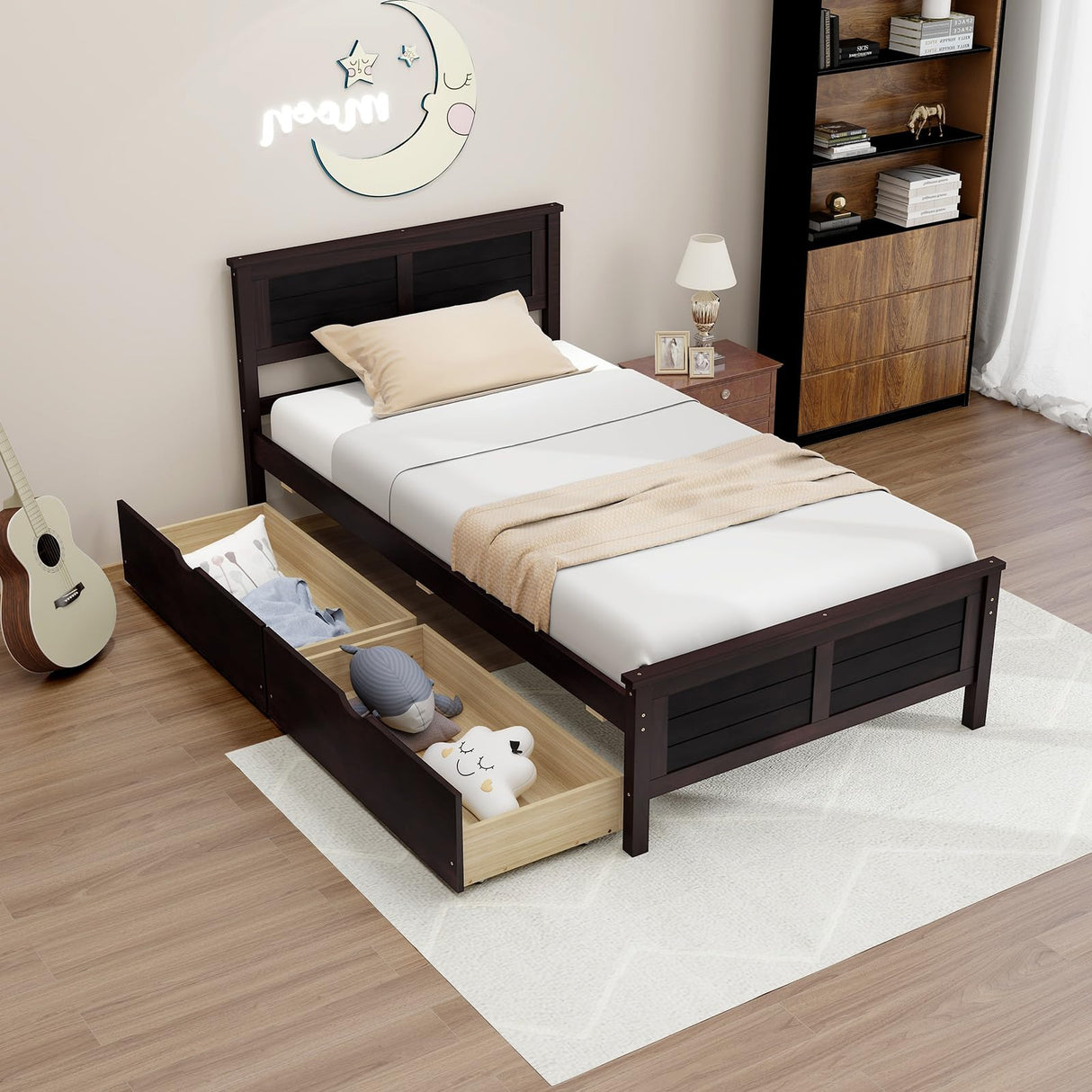 Giantex Espresso Twin Bed with Storage Drawers and Solid Wood Frame Giantex