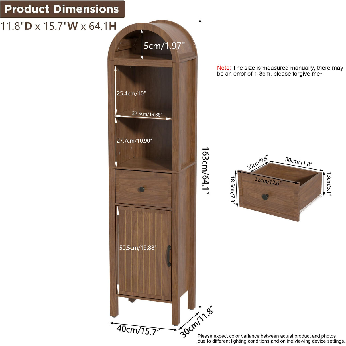 Lxsxlome 64" Tall Bathroom Storage Cabinet with Adjustable Shelves,Tall Narrow Arched Freestanding Tower Cabinet with Fluted Doors and Drawers,Space Saving Organizer for Bathroom Living Room (Walnut) Lxsxlome
