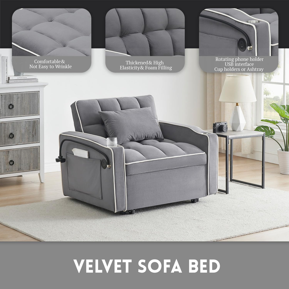 3 in 1 Sleeper Sofa Chair Bed,Velvet Convertible Sleeper Chair Bed,Pull Out Bed Chair With USB Port & Ashtray and Swivel Phone Stand & Storage Pockets,Modern Chair Sleeper Bed for Living Room jurmiture