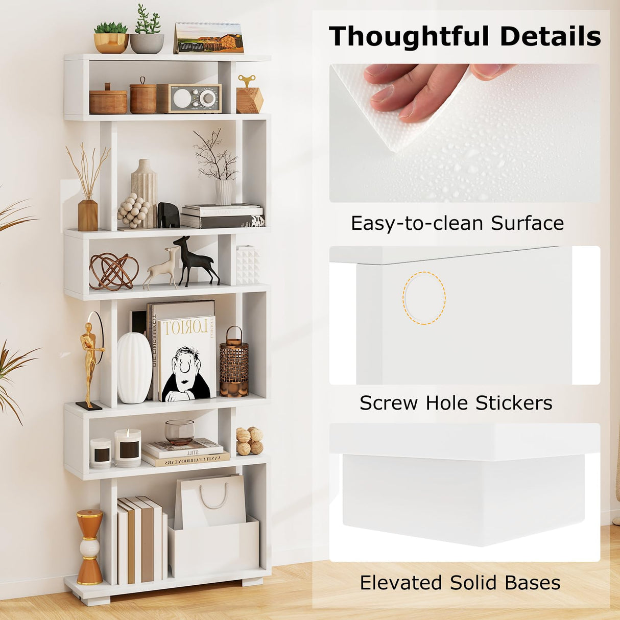 Tangkula 6-Tier S Shaped Bookcase, 64" Tall Modern Geometric Bookshelf with Anti-Tipping Kit, Home Office Freestanding Decorative Storage Display Shelf Room Divider for Living Room Study (1, White) Tangkula