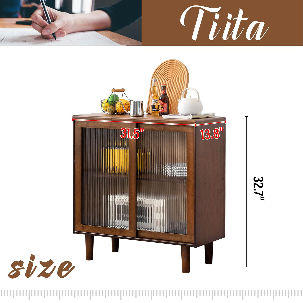Tiita Bamboo Sideboard Buffet Cabinet, Rattan Kitchen Storage Cabinet, Boho Coffee Bar Tables for Kitchen Living Room Hallway Office, Walnut Tiita