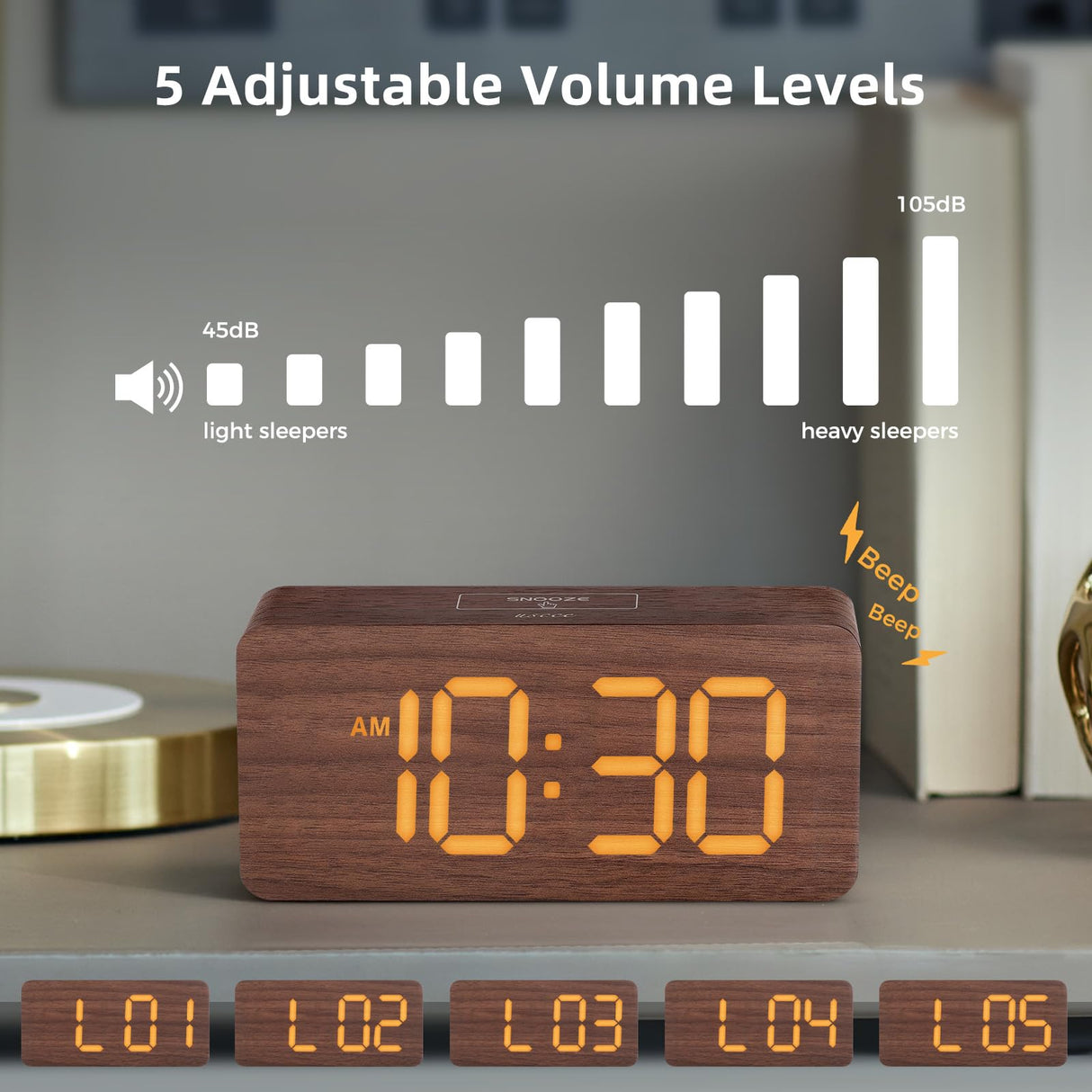 uscce Wooden Digital Alarm Clocks for Bedrooms: Dimmable Dual Alarm Clock with Large Numbers for Bedside Desk - Brown uscce