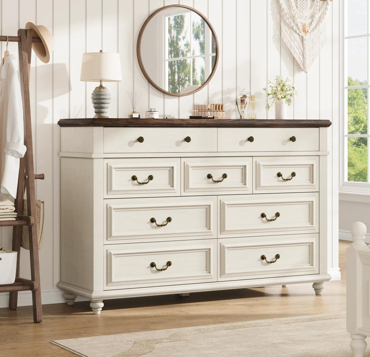 Jocoevol Cream Farmhouse Dresser for Bedroom, 9 Drawer Chest of Drawers, Tall Dressers for Bedroom Storage, Dresser for Closet, Dressers & Chests of Drawers (Cream, 53.5" Wide) Jocoevol