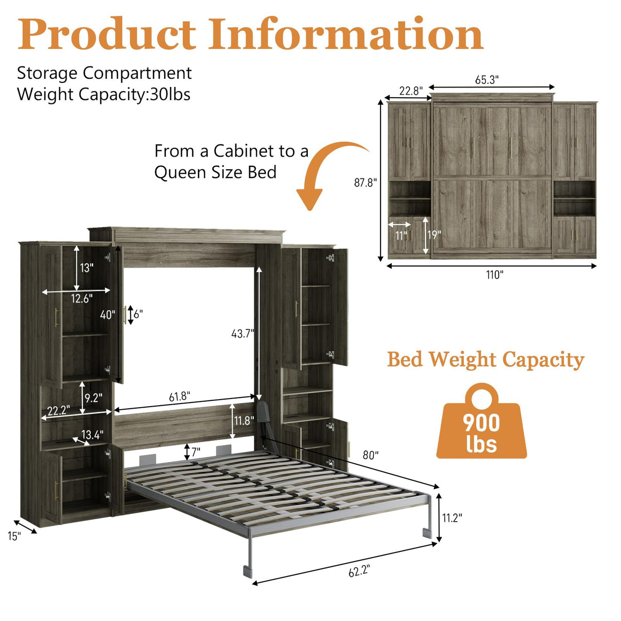 BEQAI Queen Murphy Bed with Storage Cabinets & 6 Adjustable Shelves, Foldable Space-Saving Queen Wood Wall Bedframe with USB Charging Port, Hidden Bedframe for Guest Room, Study, Home, Bedroom, Grey BEQAI