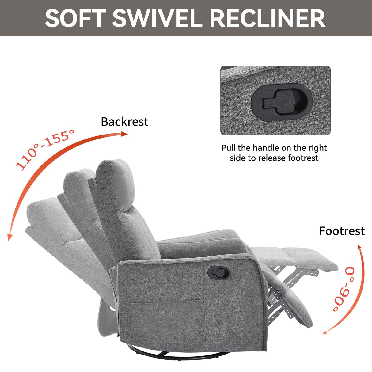 Curtainboro Swivel Rocker Recliner Chair with Heat and Massage, 360° Swivel Recliner Upholstered Fabric Nursery Glider with Side Pocket for Living Room, Bedroom, Home Theater Grey Curtainboro