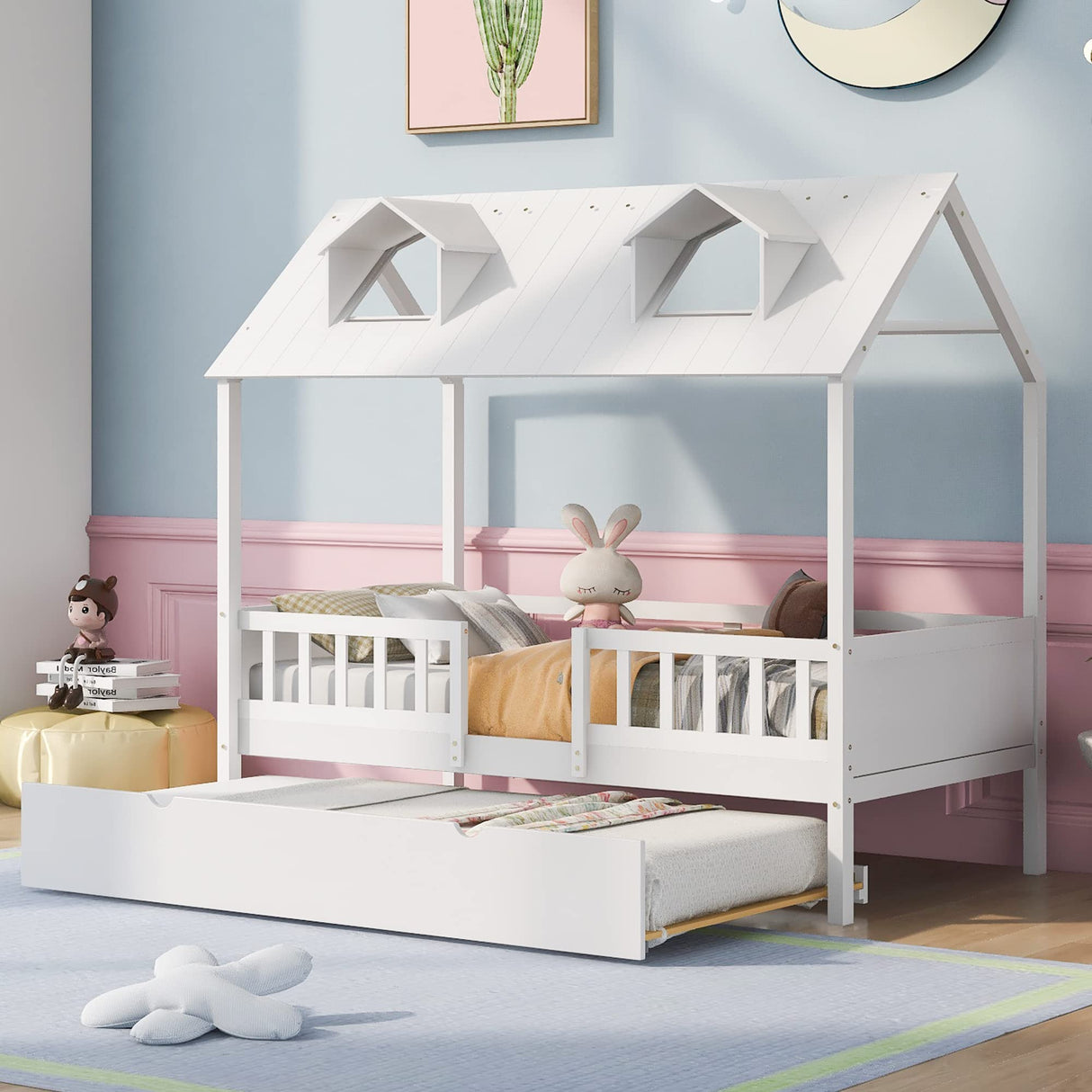 DHPM Twin Size Wooden Playhouse Bed with Trundle and Safety Fence in White DHPM