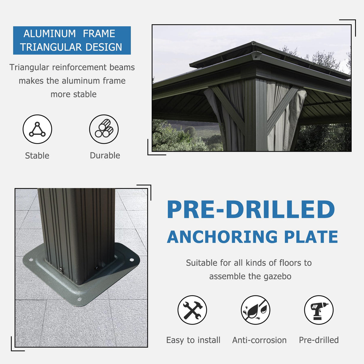 SHPAI 12’ x 20’ Hardtop Gazebo, Outdoor Aluminum Gazebo with Galvanized Steel Double Roof Canopy, Outdoor Permanent Metal Pavilion with Curtains and Netting for Patio, Backyard and Lawn, Dark Grey SHPAI