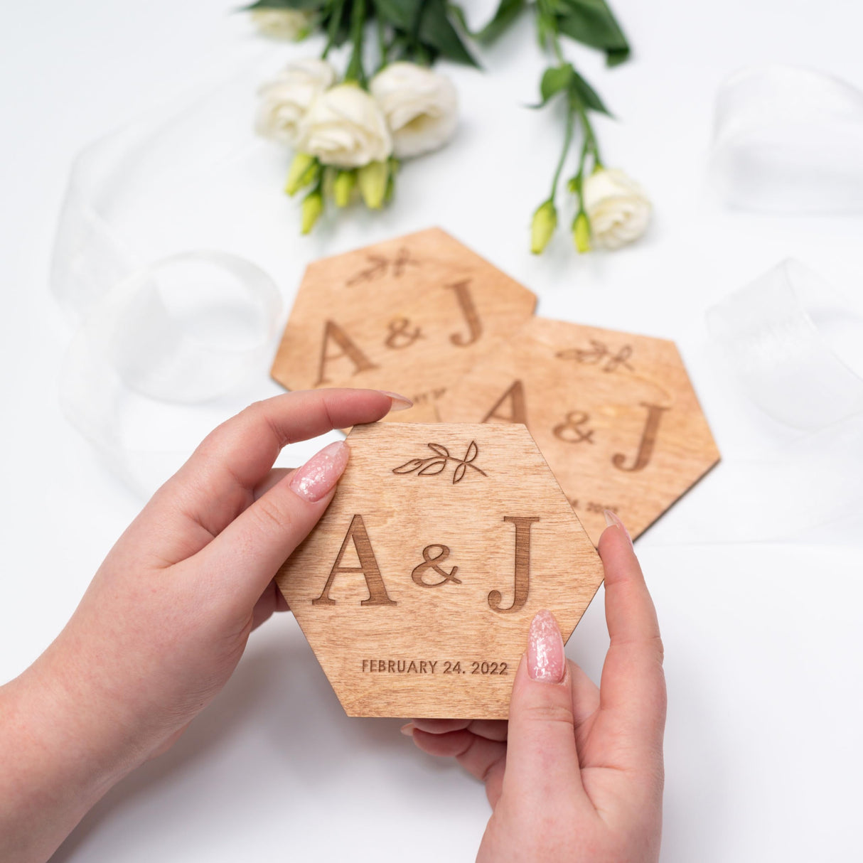 Personalized Wedding Coaster Rustic Decor - Wedding Favors Couple Gifts Wooden Save The Date Monogram Custom Cup Mug - Coasters Ceremony Invitations with Calendar (Hexagon) Enjoy The Wood