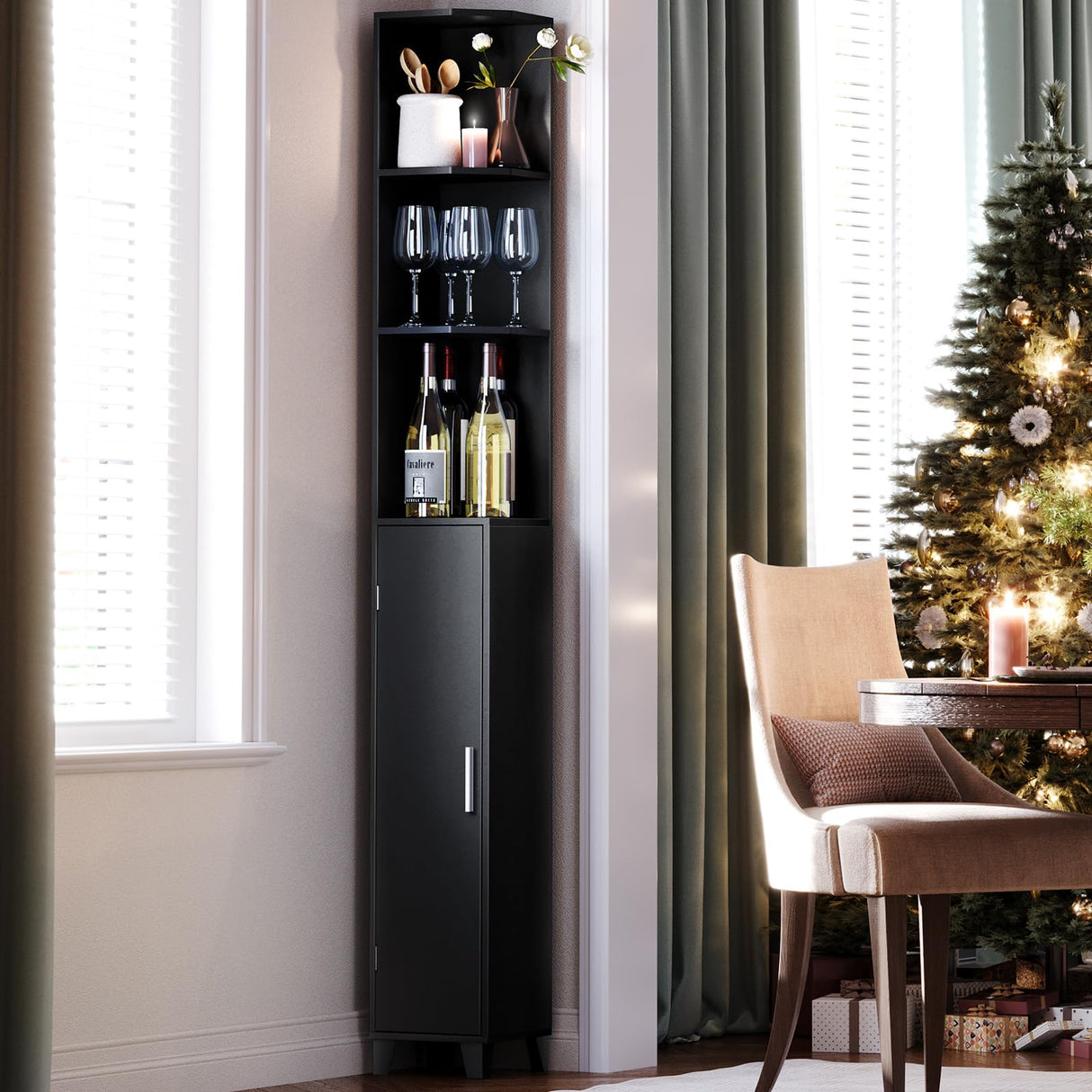 MOHOPE Corner Shelf with Cabinet, 74.8" Tall Corner Cabinet with Door, 5-Tier Narrow Bookshelf with Adjustable Shelves, Display Cabinet for Living Room, Bathroom, Dining Room, Small Space, Black MOHOPE