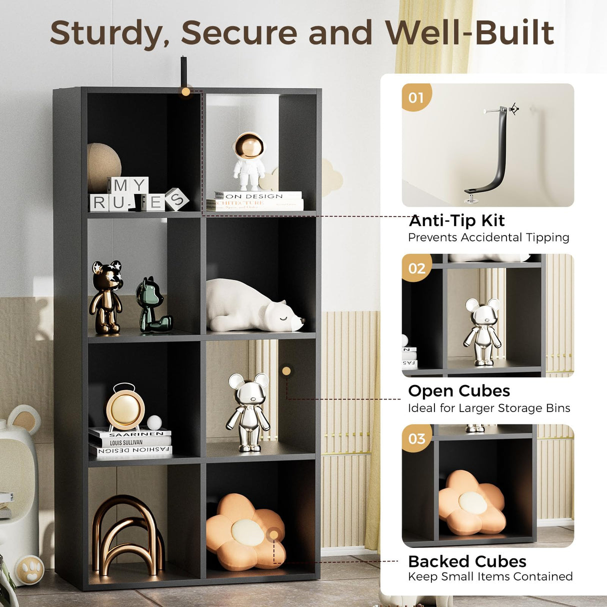 COMHOMA 8 Wood Cube Storage Organizer with Open Back and Removable Back Panels, 11In Black Cube Storage Bookshelf, Cubicle Shelf Bookcase for Home Office Bedroom Living Room, Vertical or Horizontal COMHOMA