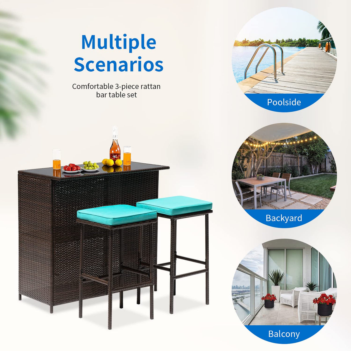 FDW 3PCS Patio Bar Set Outdoor Furniture Set Wicker Bistro Set with Two Stools for Patio Backyard Balcony,Blue Cushion FDW