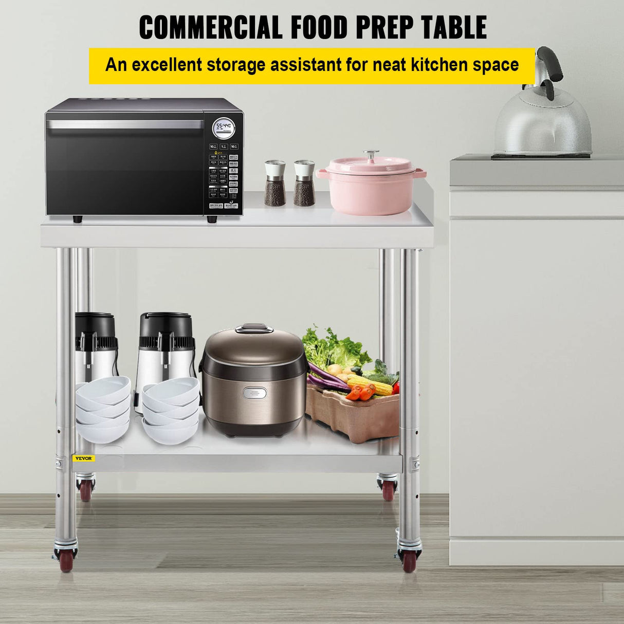 VEVOR Stainless Steel Prep Table, 24 x 15 x 35 Inch, 440lbs Load Capacity Heavy Duty Metal Worktable with Backsplash Adjustable Undershelf & 4 Casters, Commercial Workstation for Kitchen Restaurant VEVOR