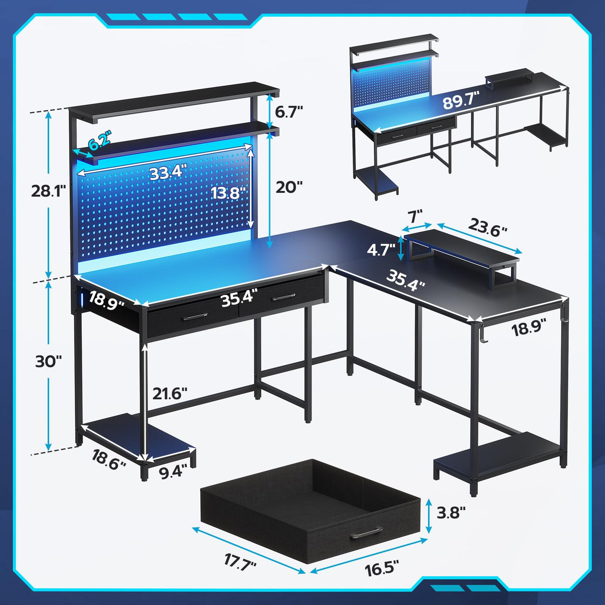 SEDETA L Shaped Gaming Desk with LED Lights, Pegboard and Drawers, Gaming Desk with Hutch, Computer Desk with Monitor Stand, Storage Shelves, Home Office Desk Corner Desk, Gaming Table, Black SEDETA