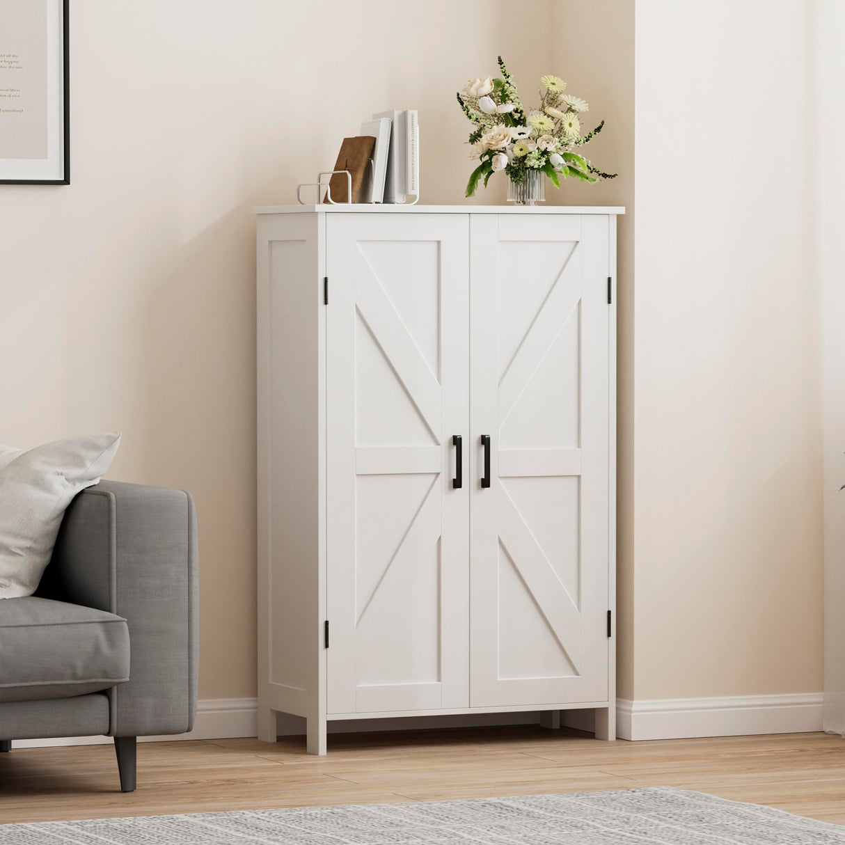 Homleke Farmhouse Bathroom Cabinet with Adjustable Shelves, Free-Standing Storage Cabinet with Barn Doors, for Kitchen, Living Room, Dining Room, Entryway, White Homleke