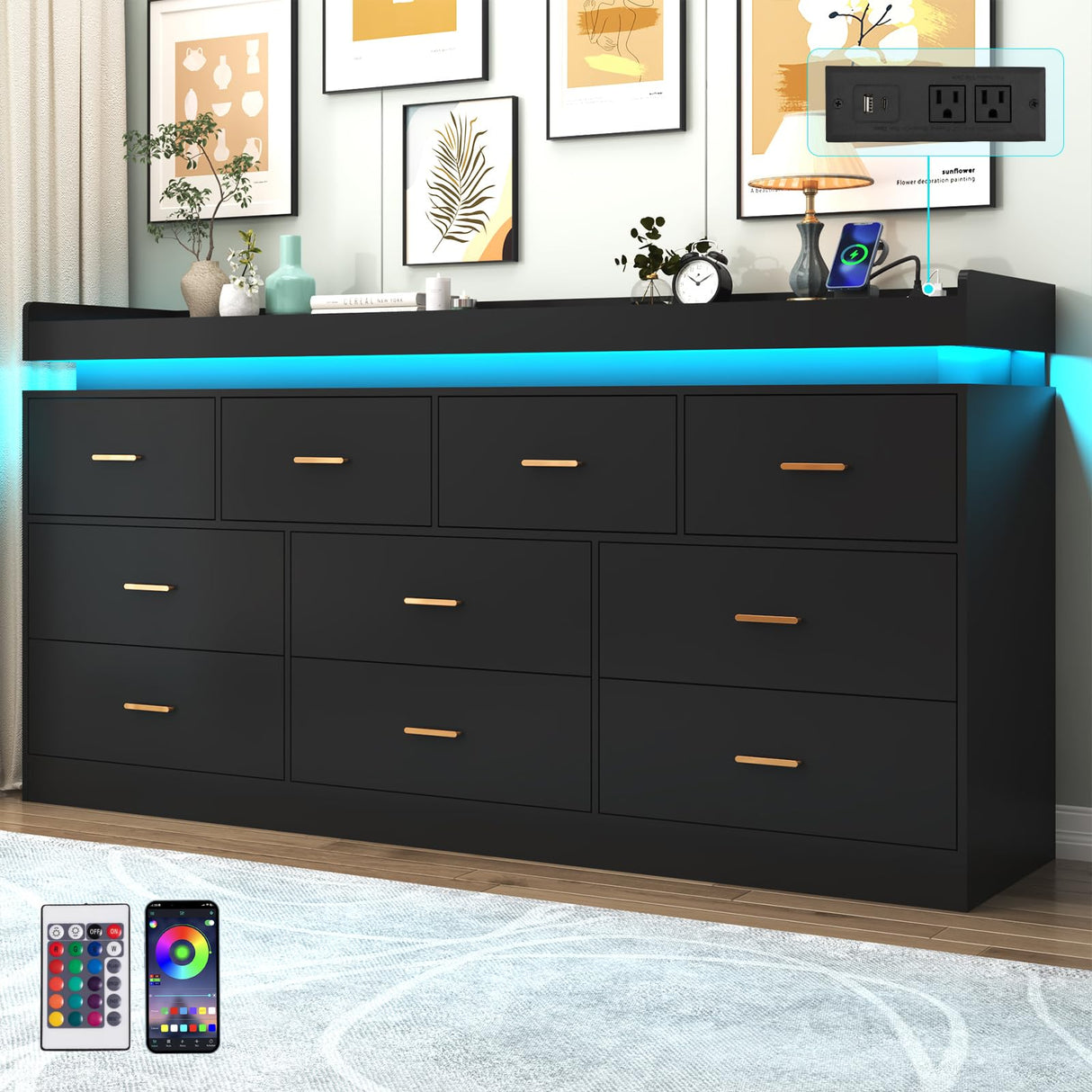 Hlivelood 10 Drawer Dresser with LED Light and Charging Station, Modern Chest of Drawers for Closet, Wide Drawer Organizer Cabinet, Living Room, Entryway, Hallway, Black Hlivelood