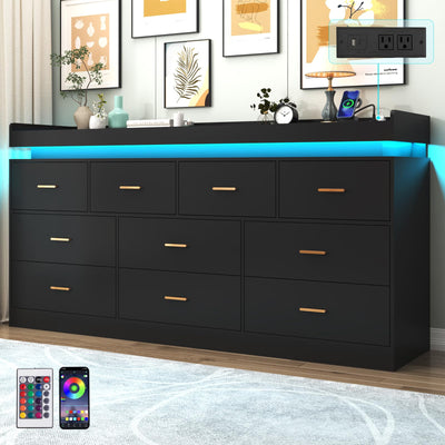 Hlivelood 10 Drawer Dresser with LED Light and Charging Station, Modern Chest of Drawers for Closet, Wide Drawer Organizer Cabinet, Living Room, Entryway, Hallway, Black