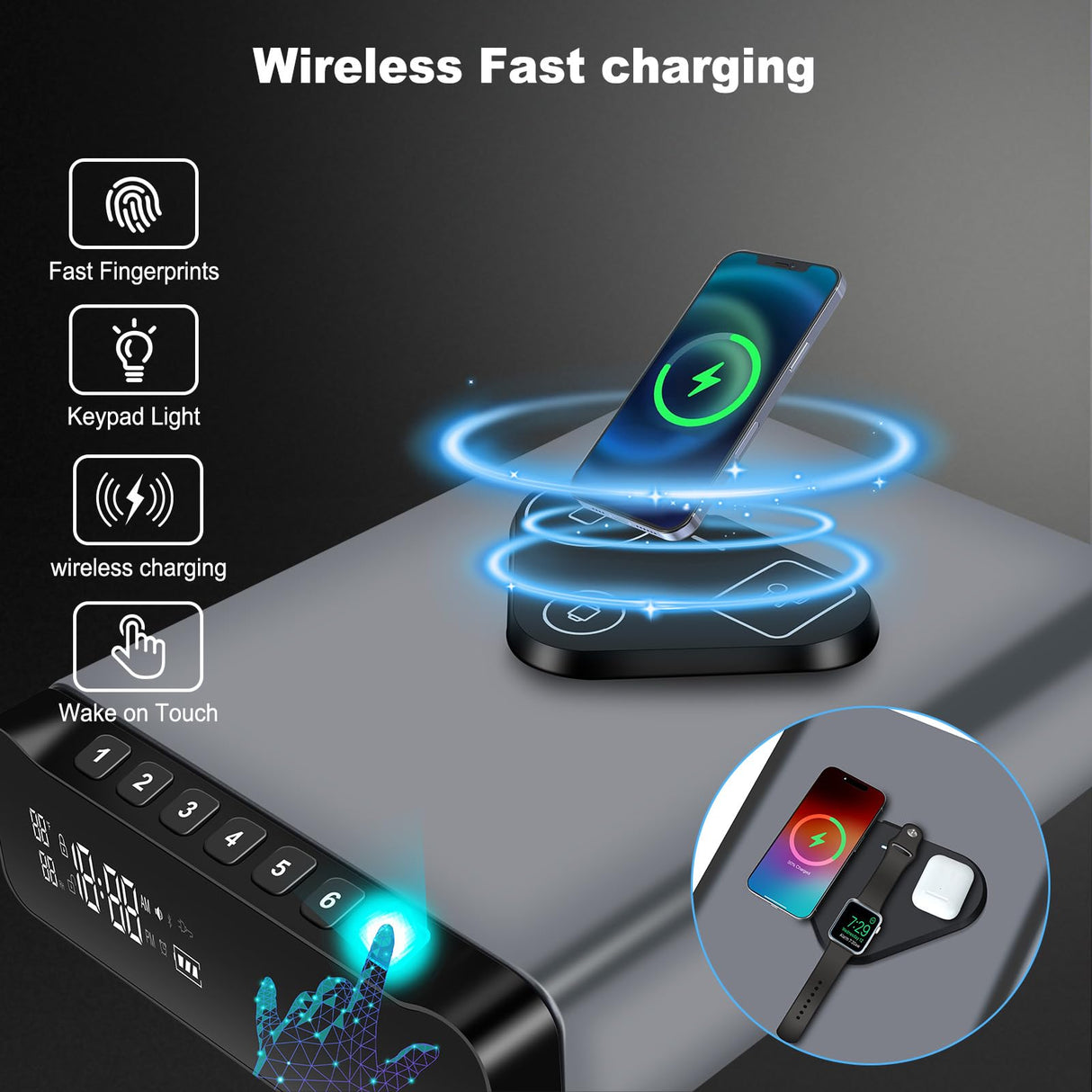 FTOP Biometric Fingerprint Gun Safe, Clock Handgun Safe with 3-in-1 Watch & Phone Wireless Charging, Drawer Lock for Hand guns, Cash, Valuables- with Humidity Reader|Temperature| Alarm Clock| Screen FTOP