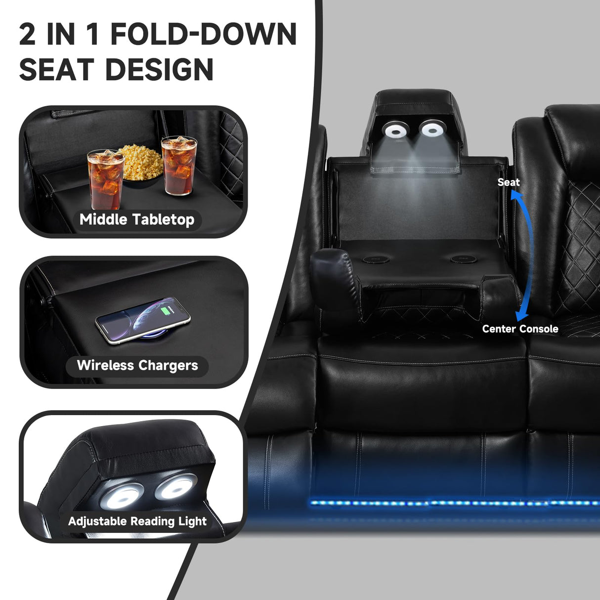 PU Leather Power Wall Hugger Chair Double Reclining Sectional Sofa 3-Seater Loveseat Couch with Reversible Coffee Table, Wireless Chargers, USB Port and Ambient LED Light for Living Room RV Theater NicBex